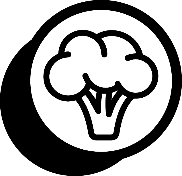 Icono simple de una cabeza de brócoli con líneas negras, en fondo blanco y redondo.