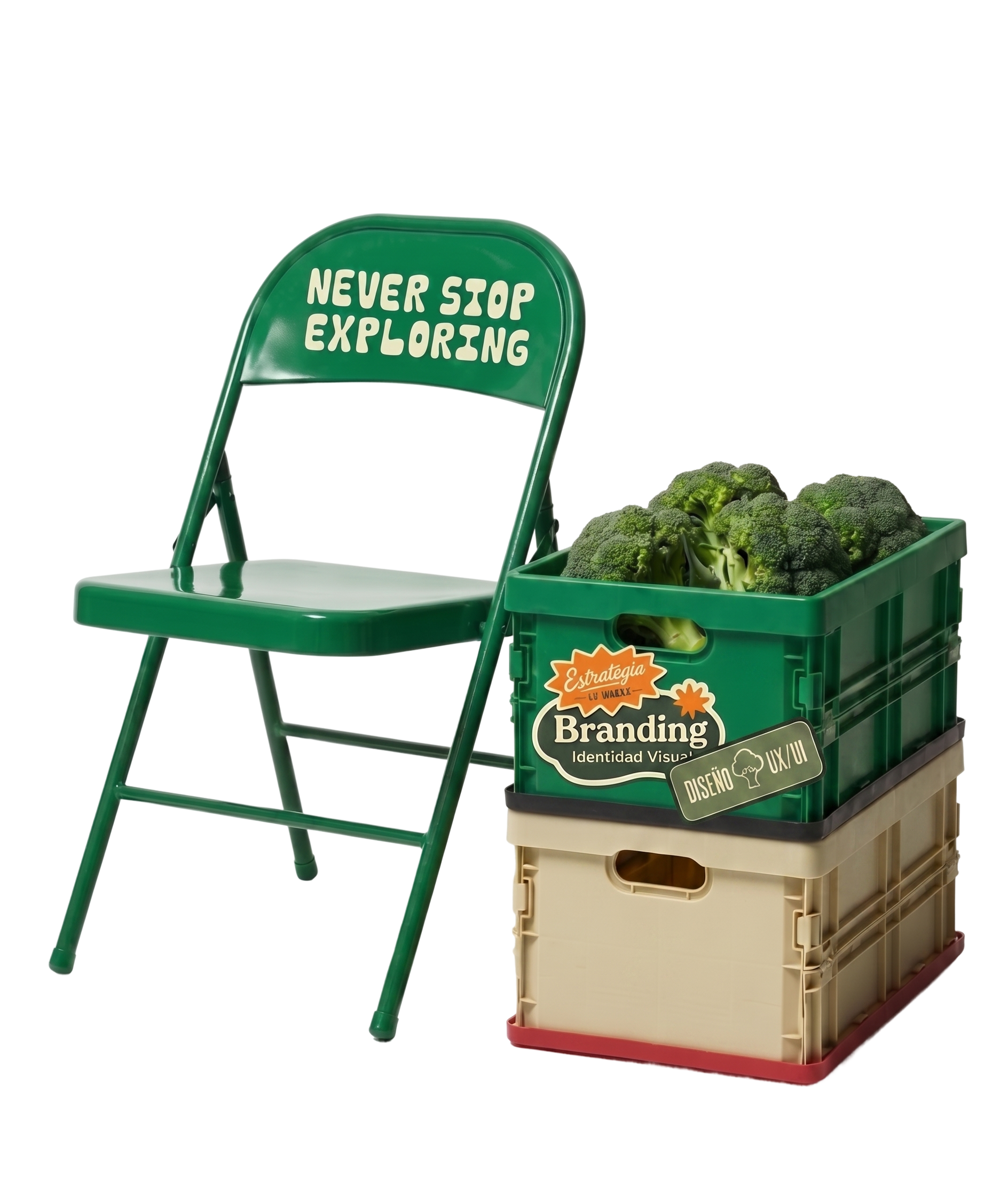 Carro portátil con verduras, con cartel que dice 'Nunca pares de explorar' y colores verdes de fondo.