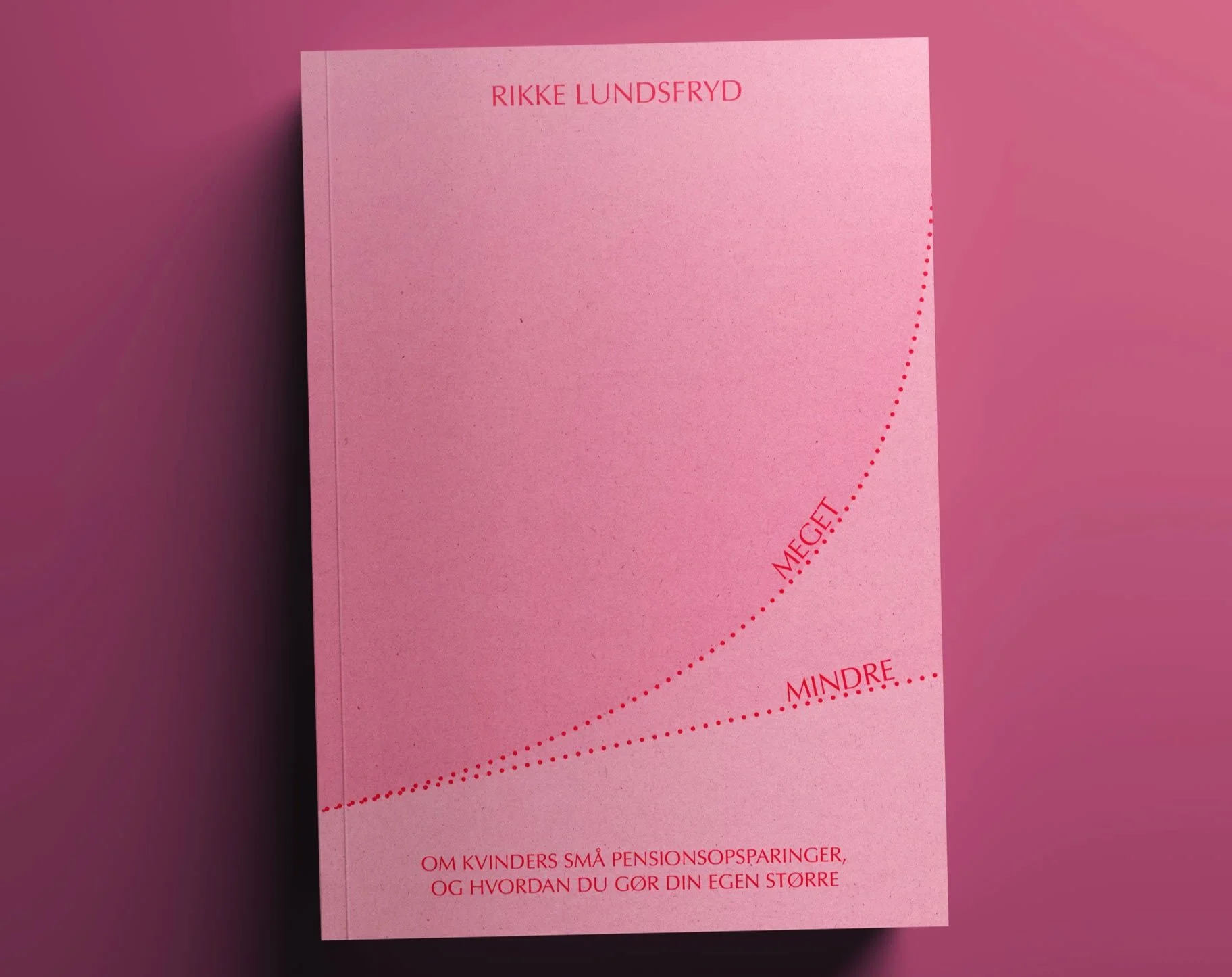 En pink bog med titlen Rikke Lundsfryd, og teksten MERE MINDRE samt en beskrivelse nederst om kvinders pension og hvordan man kan gøre sin økonomi større.