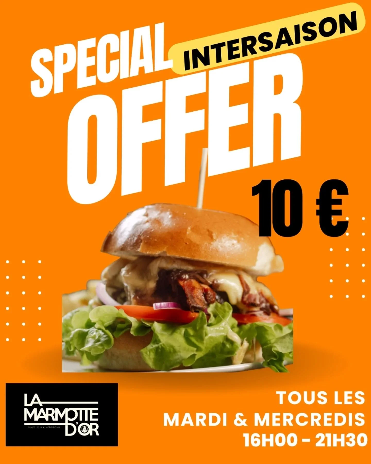 Nouvelle offre &agrave; la Marmotte d&rsquo;Or : offrez-vous un burger (classic ou v&eacute;g&eacute;) pour 10 &euro; chaque Mardi &amp;  Mercredi pendant l&rsquo;intersaison.

New offer at the marmotte d'or, get yourself a burger(classic or veggie) 