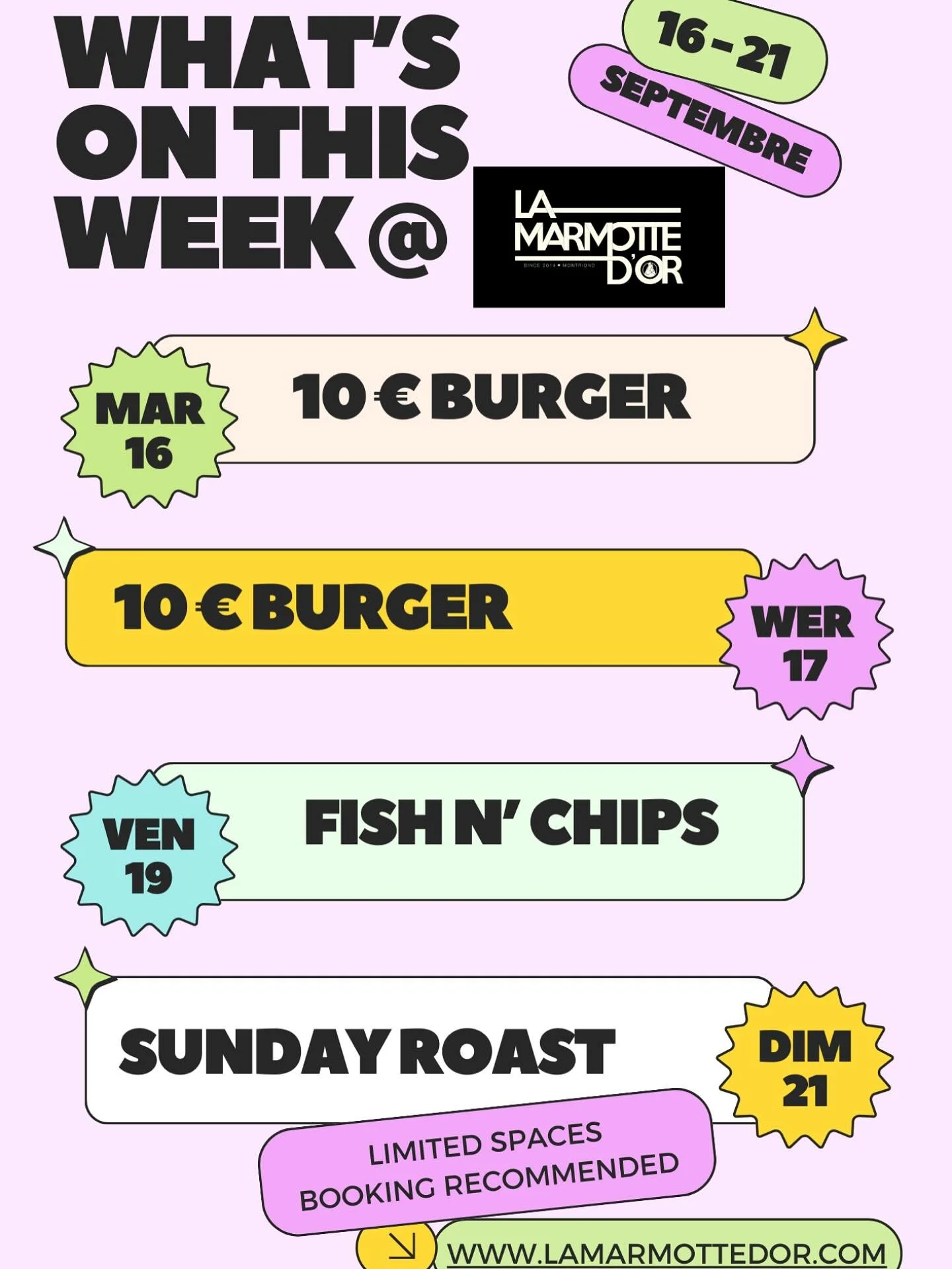 💜 Voil&agrave; le programme pour cette semaine @marmottedor. Envoyez-nous un message pour r&eacute;server votre place &laquo; R&Ocirc;TI DU DIMANCHE &raquo; 🩷 Here&rsquo;s what happening this week at @marmottedor. Open every day except Monday, one-