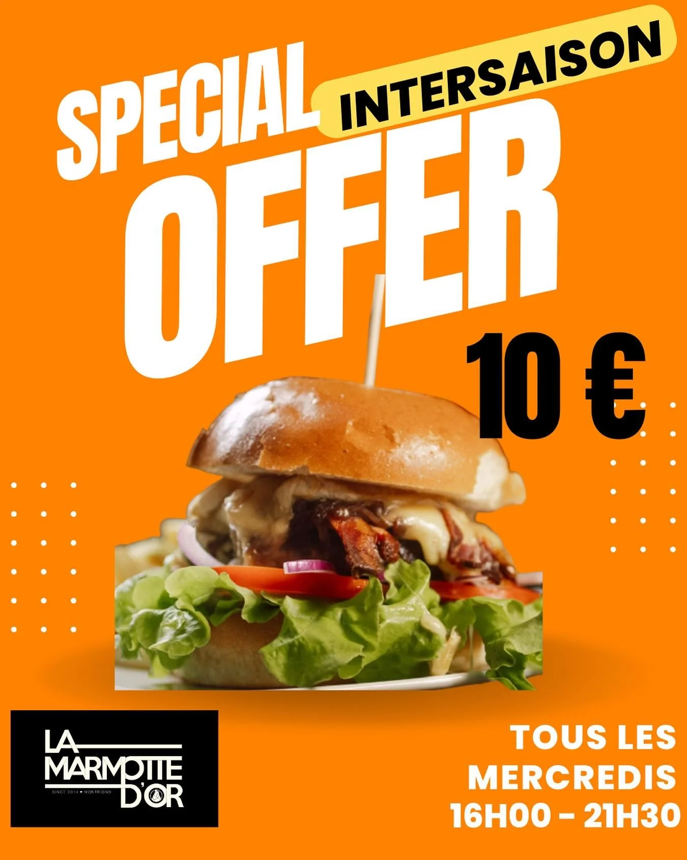 Nouvelle offre @marmottedor : offrez-vous un burger (classic ou v&eacute;g&eacute;) pour 10 &euro; chaque Mercredi pendant l&rsquo;intersaison.

New offer at the marmotte d&rsquo;or, get yourself a burger(classic or veggie) for &euro;10 every Wednesd