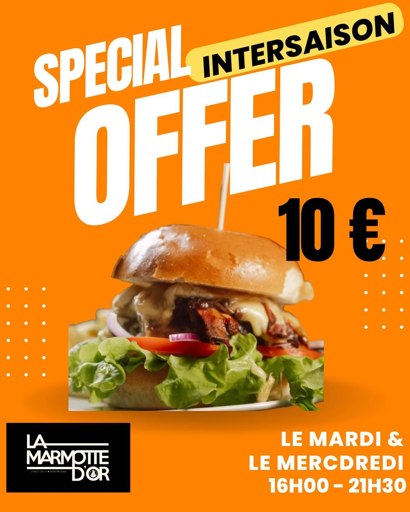 Panique pas il reste encore deux semaines &agrave; profiter de notre offre &laquo;intersaison&raquo; @marmottedor : un burger (classic ou v&eacute;g&eacute;) pour 10 &euro; le mardi et le mercredi en novembre. 

Don&rsquo;t panic you have another 2 w