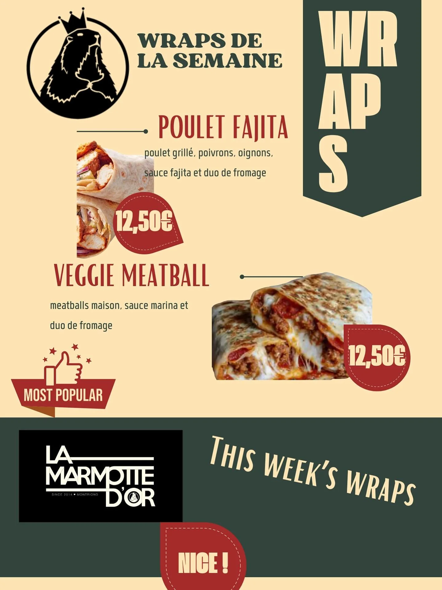Voici les wraps de la semaine @marmottedor, cuisine ouverte tous les jours de 16h &agrave; 21h30. N&rsquo;h&eacute;sitez pas de nous appeler pour r&eacute;server une table ou commander emporter ☎️ 0450841098 

This week&rsquo;s wraps &ldquo;Chicken F