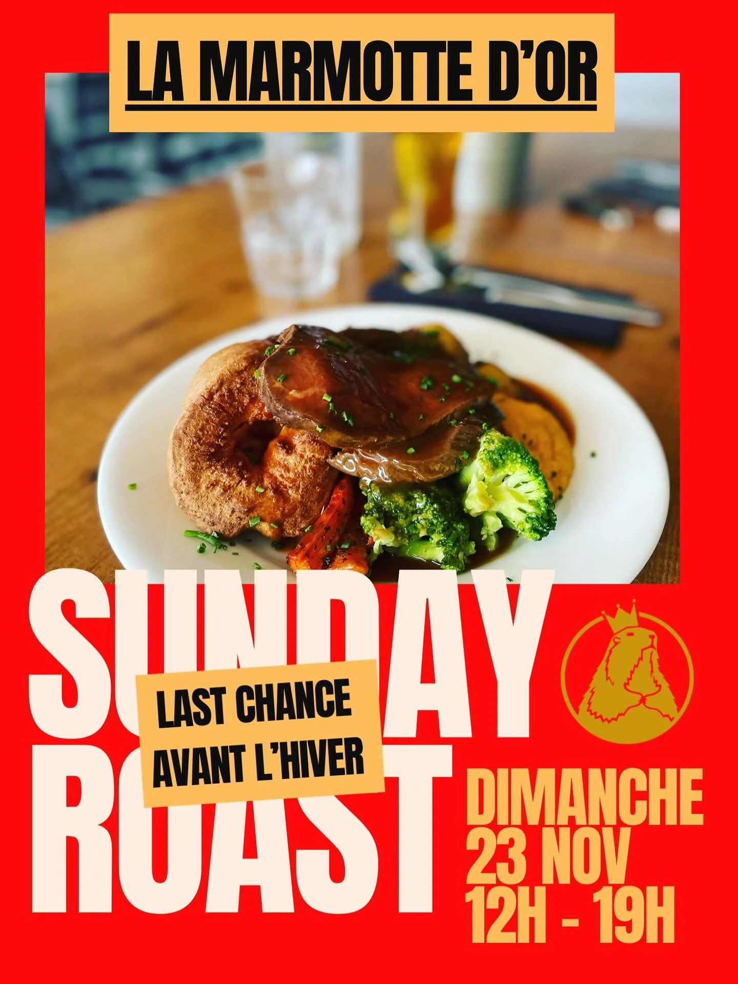 Reservations open for our last &ldquo;Sunday Roast&rdquo; @marmottedor before the season kicks off !! This Sunday 23rd November service 12 - 7pm non-stop. Places limited so don&rsquo;t miss out and get in touch to book ! ☎️0450841098 
🇫🇷 Le &laquo;