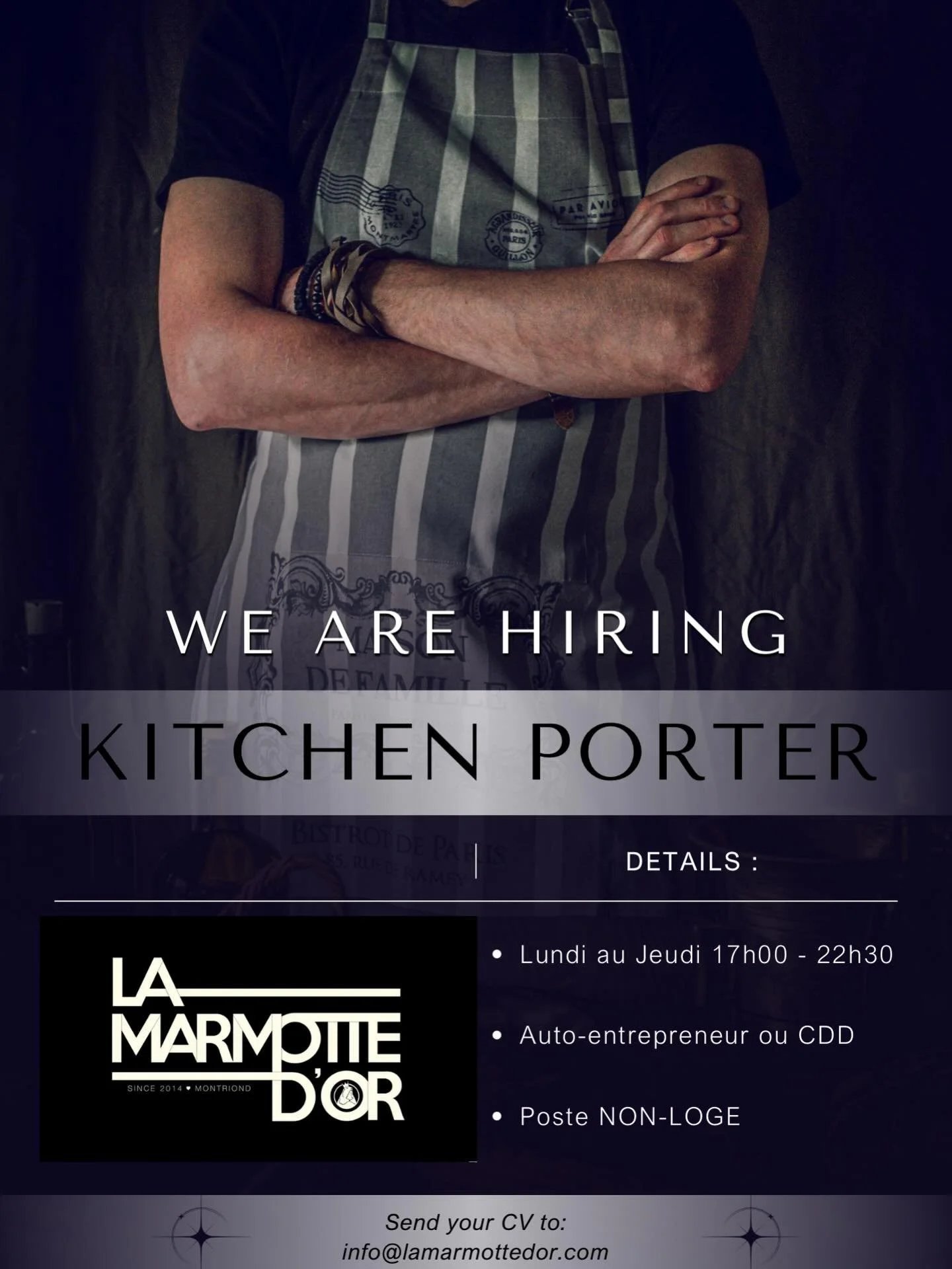 🍽️ &Ccedil;a y est on recrute notre dernier poste @marmottedor ! Plongeur CDD ou auto 22h/semaine lundi au jeudi. C&rsquo;est le job parfait pour quelqu&rsquo;un qui veut rider toute la journ&eacute;e // We are recruiting for our last role at the pu