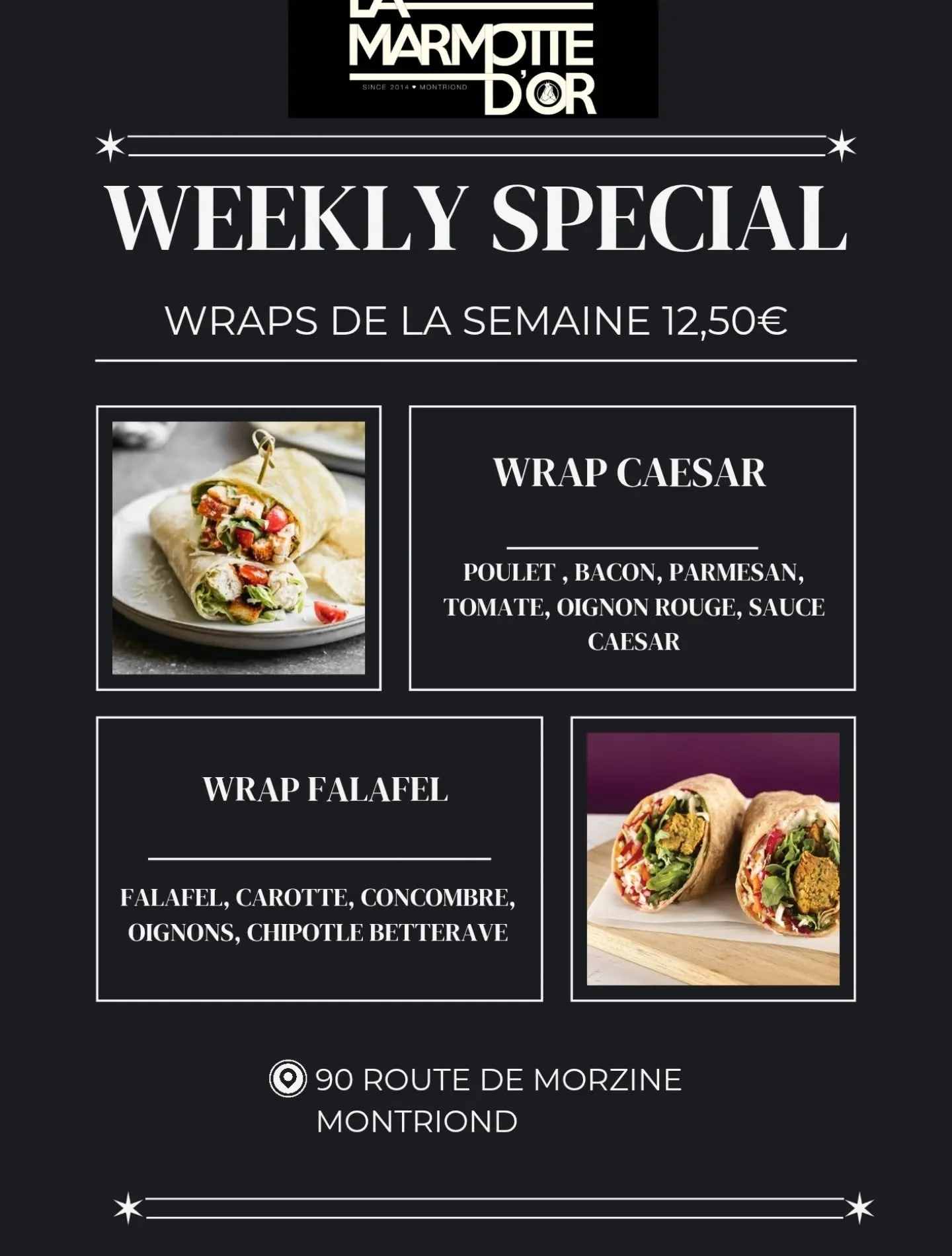 Once again, we have arrived at the start of a new week and with it our new wraps, chicken caesar and a falafel wrap for the vegetarians. Don't miss out and come on down to try them out!!

Encore une fois on arrive au d&eacute;but de la semaine et ave