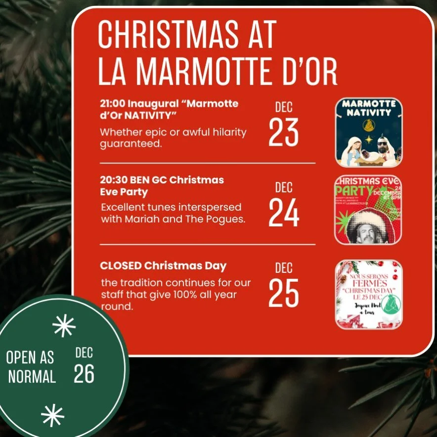 What a week we have planned here @marmottedor for Christmas ! 
🌟 Mardi 23 - Our first and potentially last &ldquo;Marmotte d&rsquo;Or Nativity&rdquo; 
🎄Mercredi 24 - the best Christmas Eve Party with @bengc5000 bringing the musical excellence. 
🧑&