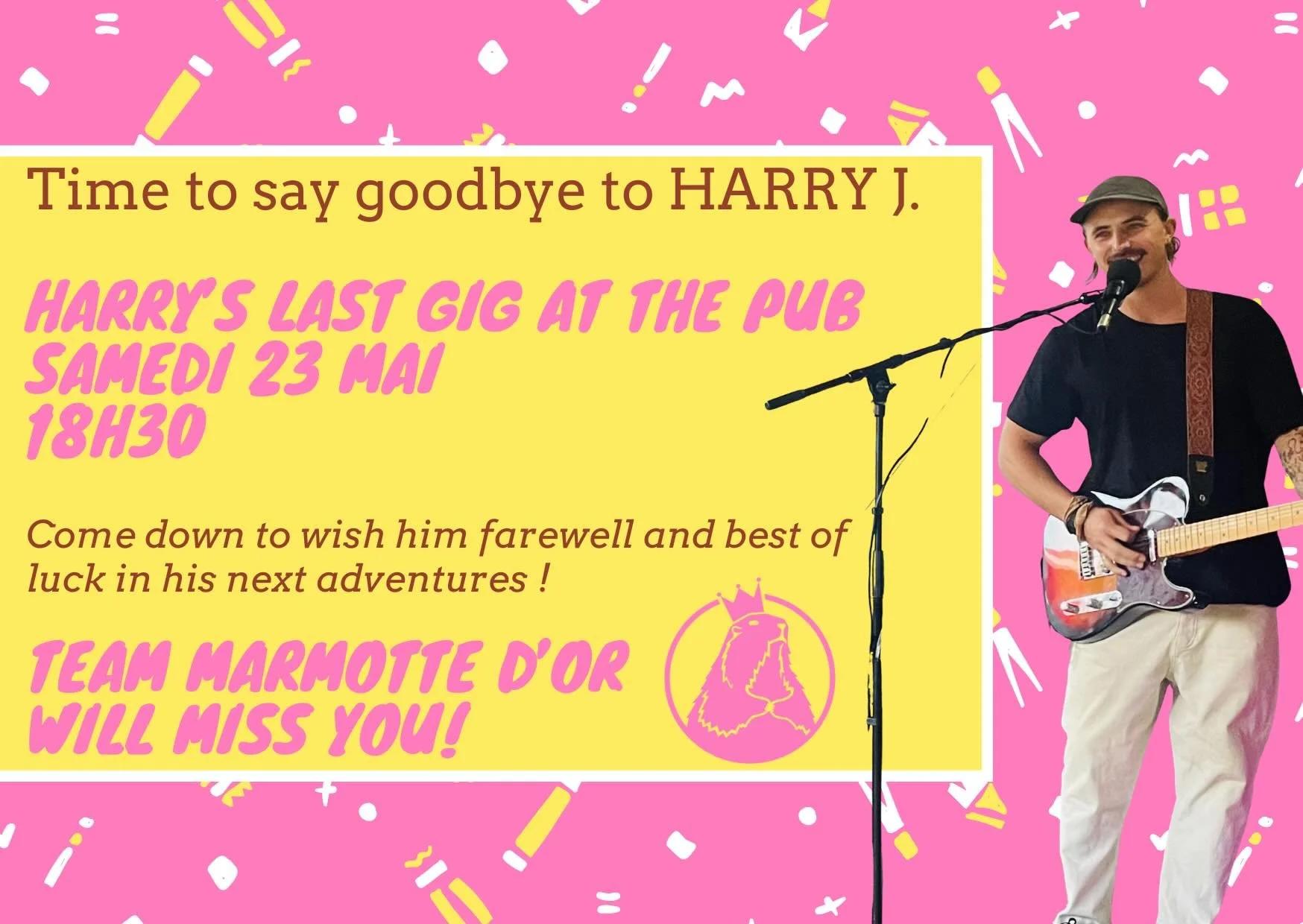 Sad times @hrj_music is leaving us very soon ! Join us Saturday @marmottedor for his last gig at the pub and to give him the send-off he deserves.

Des moments triste : @hrj_music va bient&ocirc;t nous quitter ! Rejoignez-nous ce samedi pour son dern