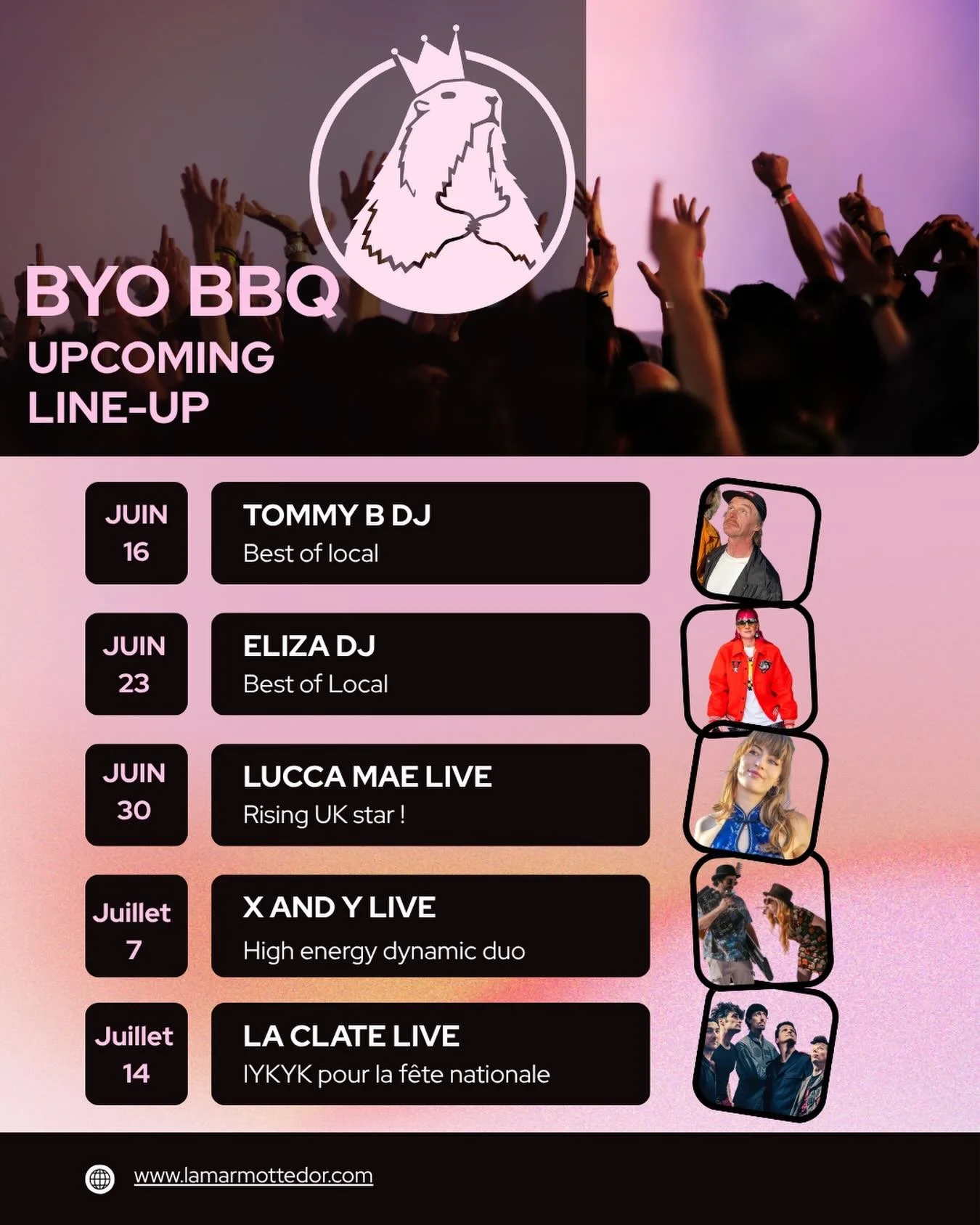 Quelle programmation nous vous r&eacute;servons chez @marmottedor pour les soir&eacute;es BBQ BYO tous les mardis! Un superbe m&eacute;lange des meilleurs DJ locaux et d&rsquo;incroyables performances live. Nous avons l&rsquo;honneur d&rsquo;accueill