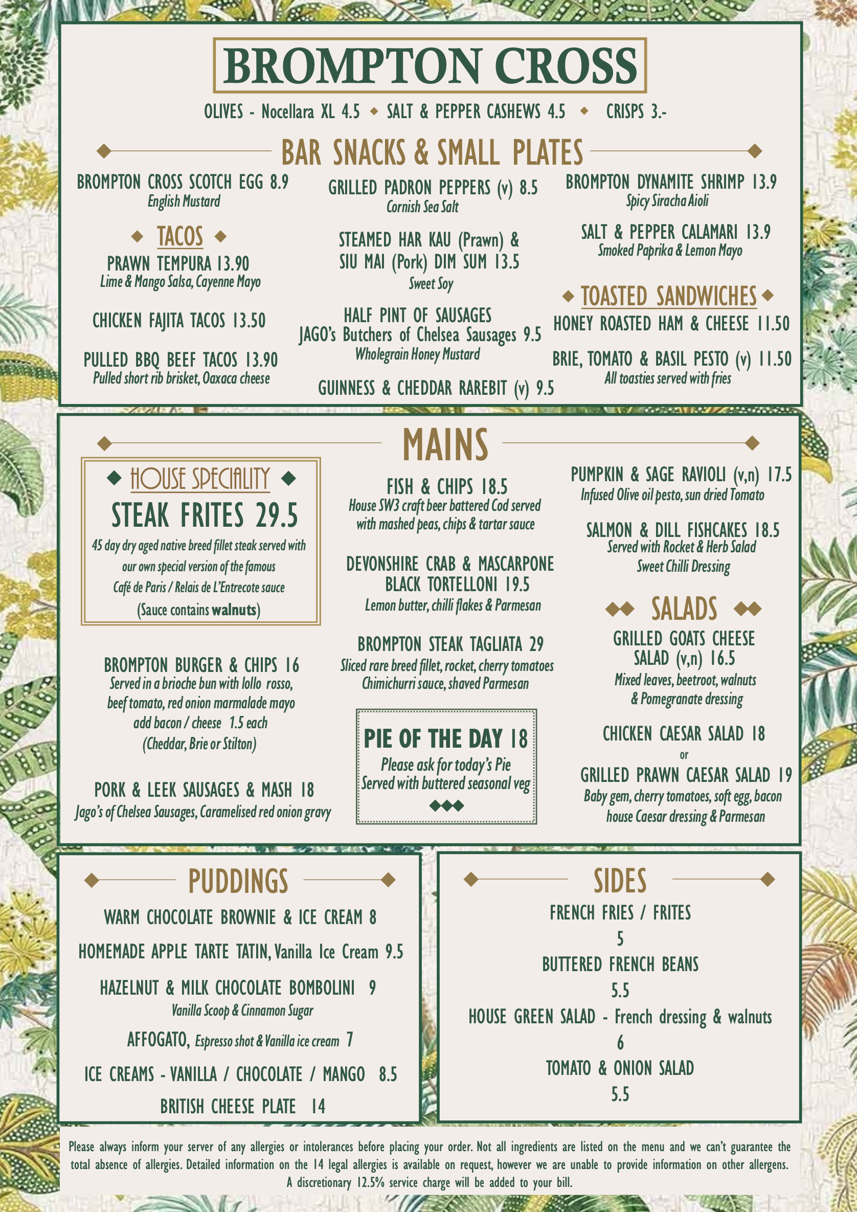 MONDAY TO SATURDAY MENU AT THE BROMPTON CROSS