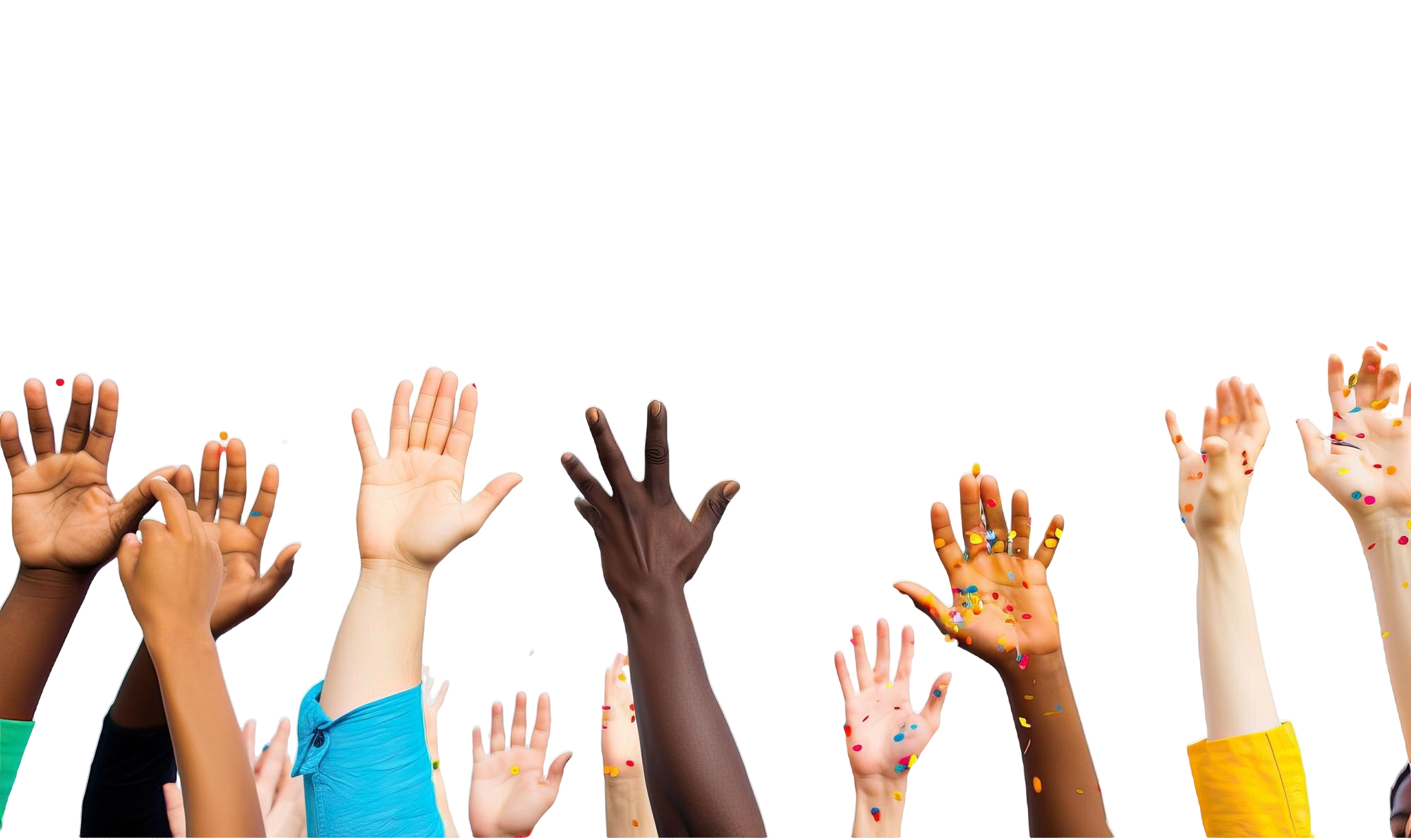 Diverse group of raised hands with colorful confetti.