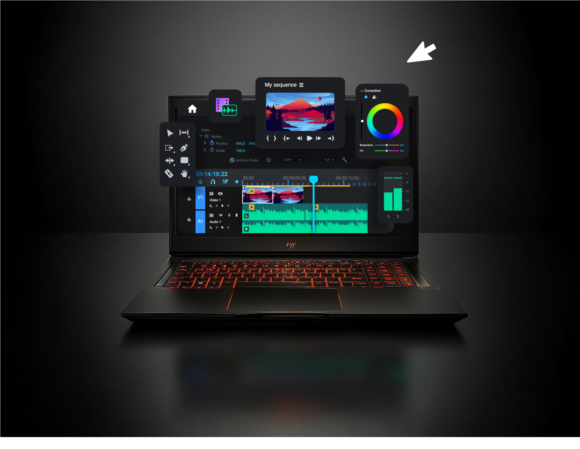 Laptop displaying video editing software interface with timeline and color correction tools, red backlit keyboard.
