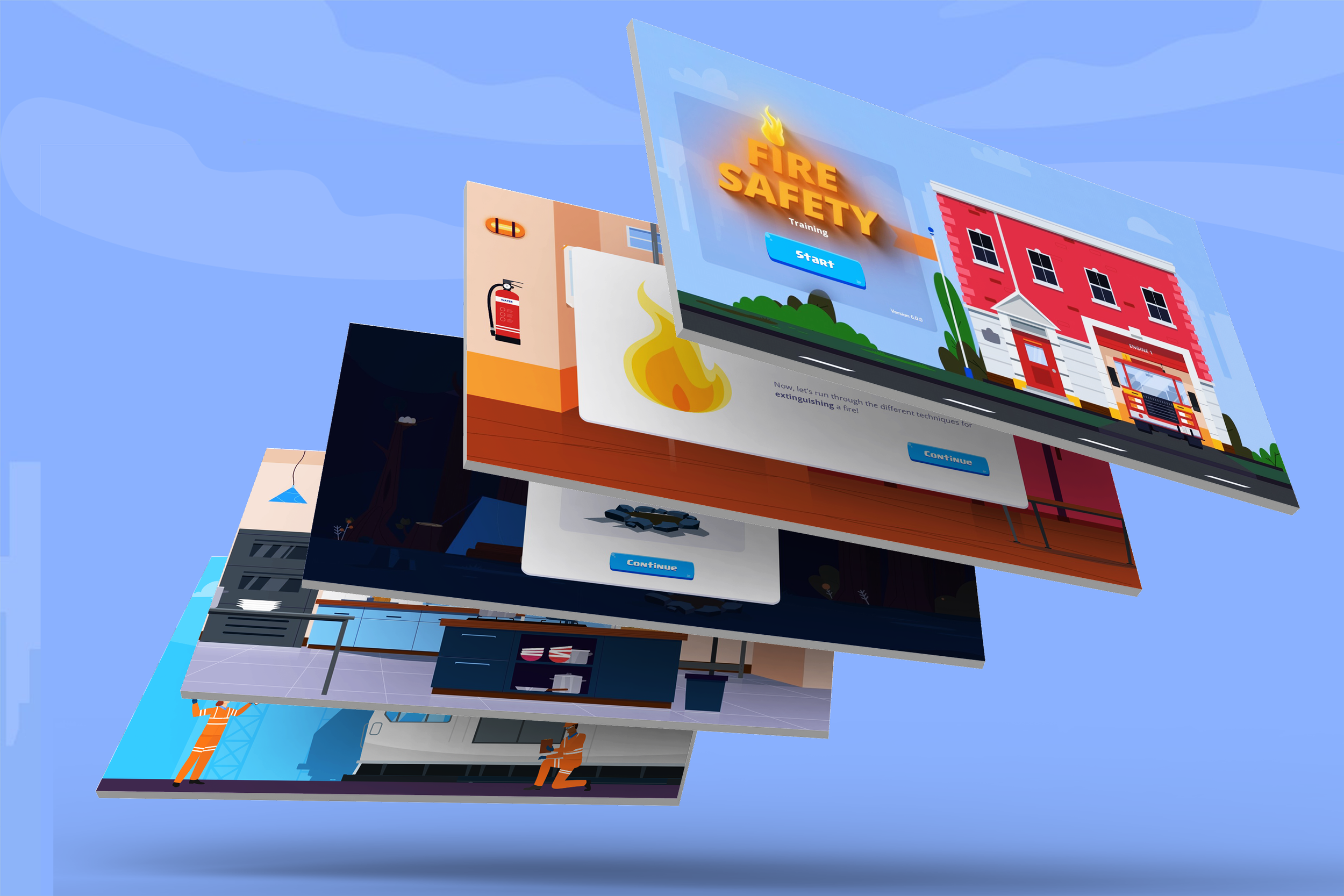 Illustration of stacked digital screens showcasing a fire safety training interface, including a fire station and fire extinguishing instructions.