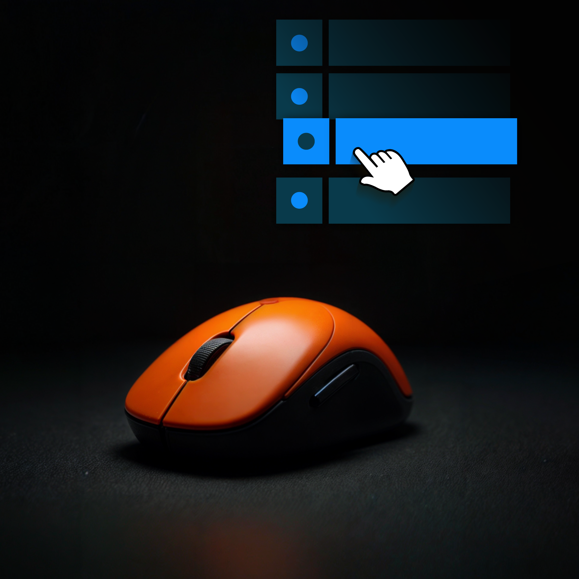 Orange computer mouse with a digital interface showing a hand cursor selecting an option.