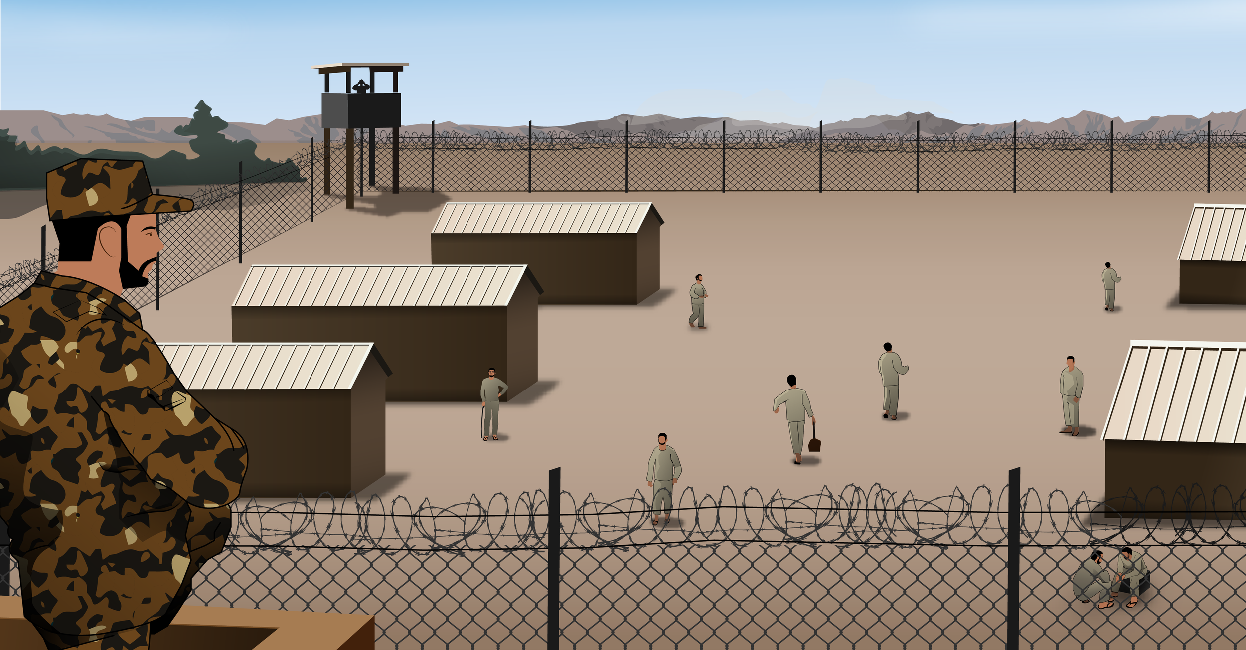 Illustration of a military-style detention camp with soldiers and detainees, featuring barbed wire fences, guard towers, and small buildings.