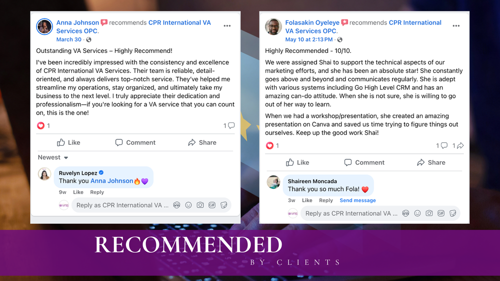 Operations support testimonial from a CPRIVAS virtual assistant client