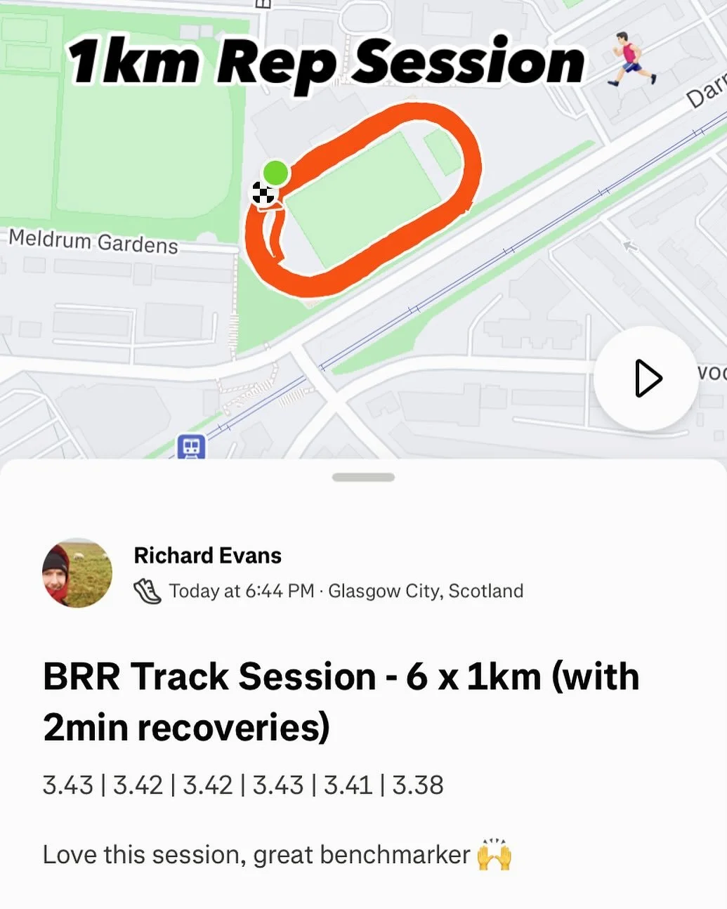 1km intervals session on the track with @bellaroadrunner tonight 🟣⚪️

Absolutely love this session which is a great indicator as to where your 5km/10km pace is currently sitting 📊

This is a session I include in my athletes training plans from time