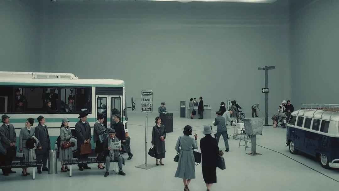 Scène rétro d'une gare avec des personnes en tenue vintage, attendant près d'un bus bleu et blanc, et d'un autre véhicule à droite.