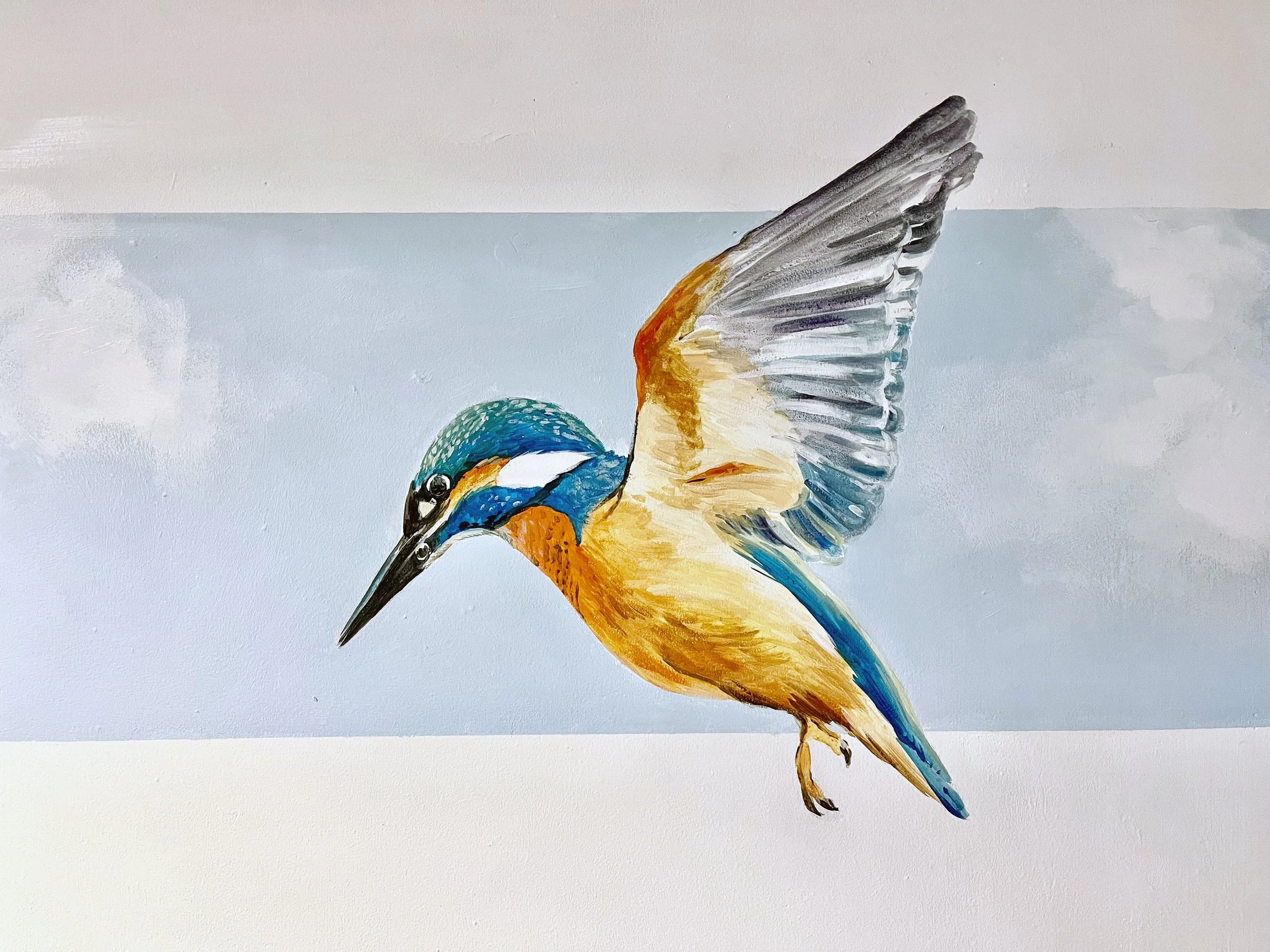 Colorful painting of a kingfisher bird in mid-flight with detailed feathers and vibrant blue, orange, and white plumage.
