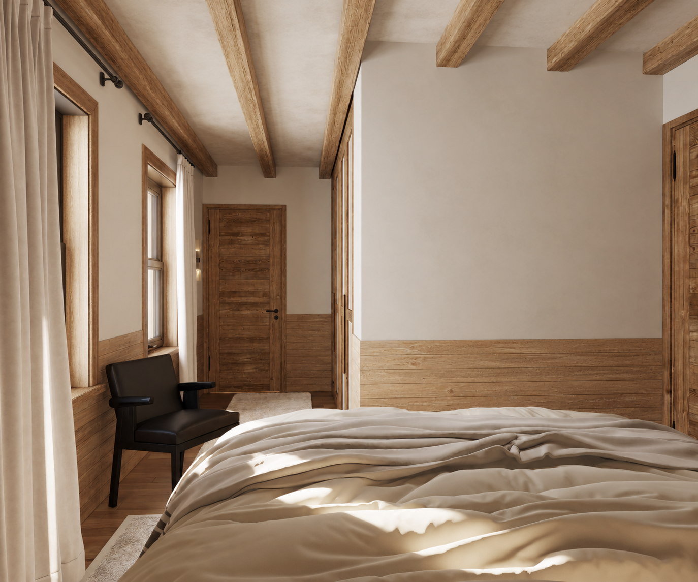 Panora Châtel décoration intérieure chambre bois et tapisserie