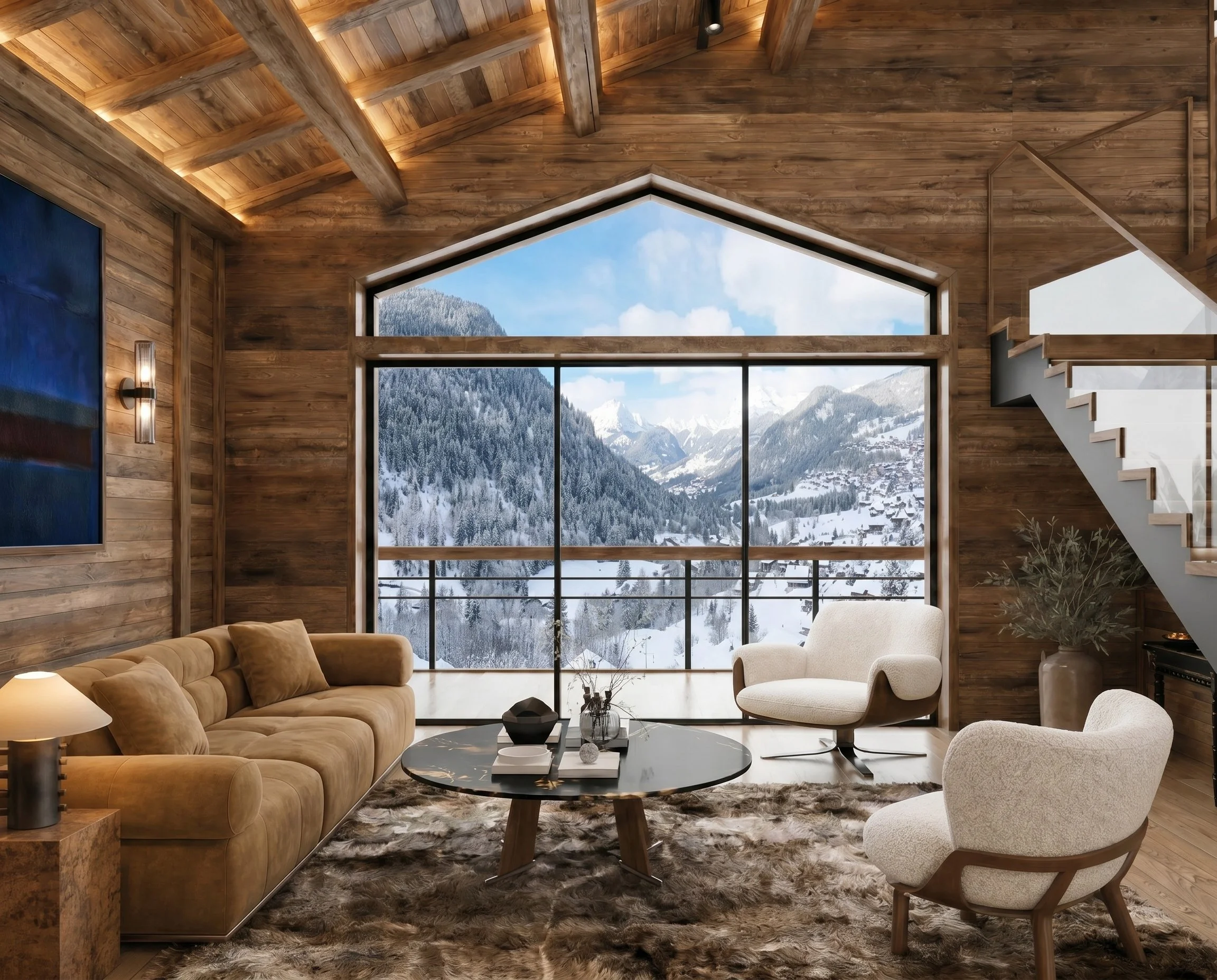 Panora Châtel séjour vieux bois avec vue panoramique