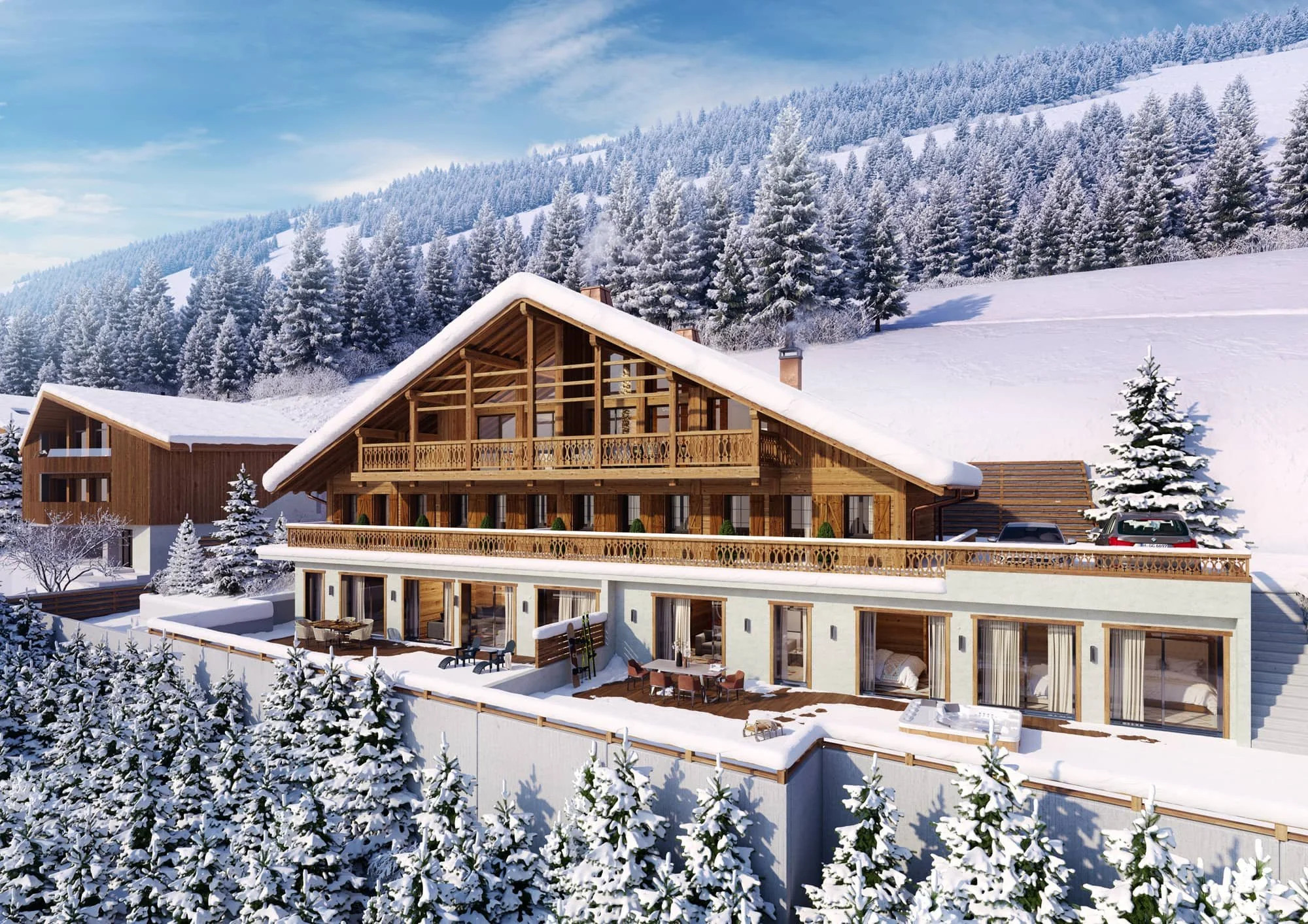 Chalet en bois avec plusieurs étages, dans un environnement enneigé entouré d'arbres et de montagnes, sous un ciel bleu.