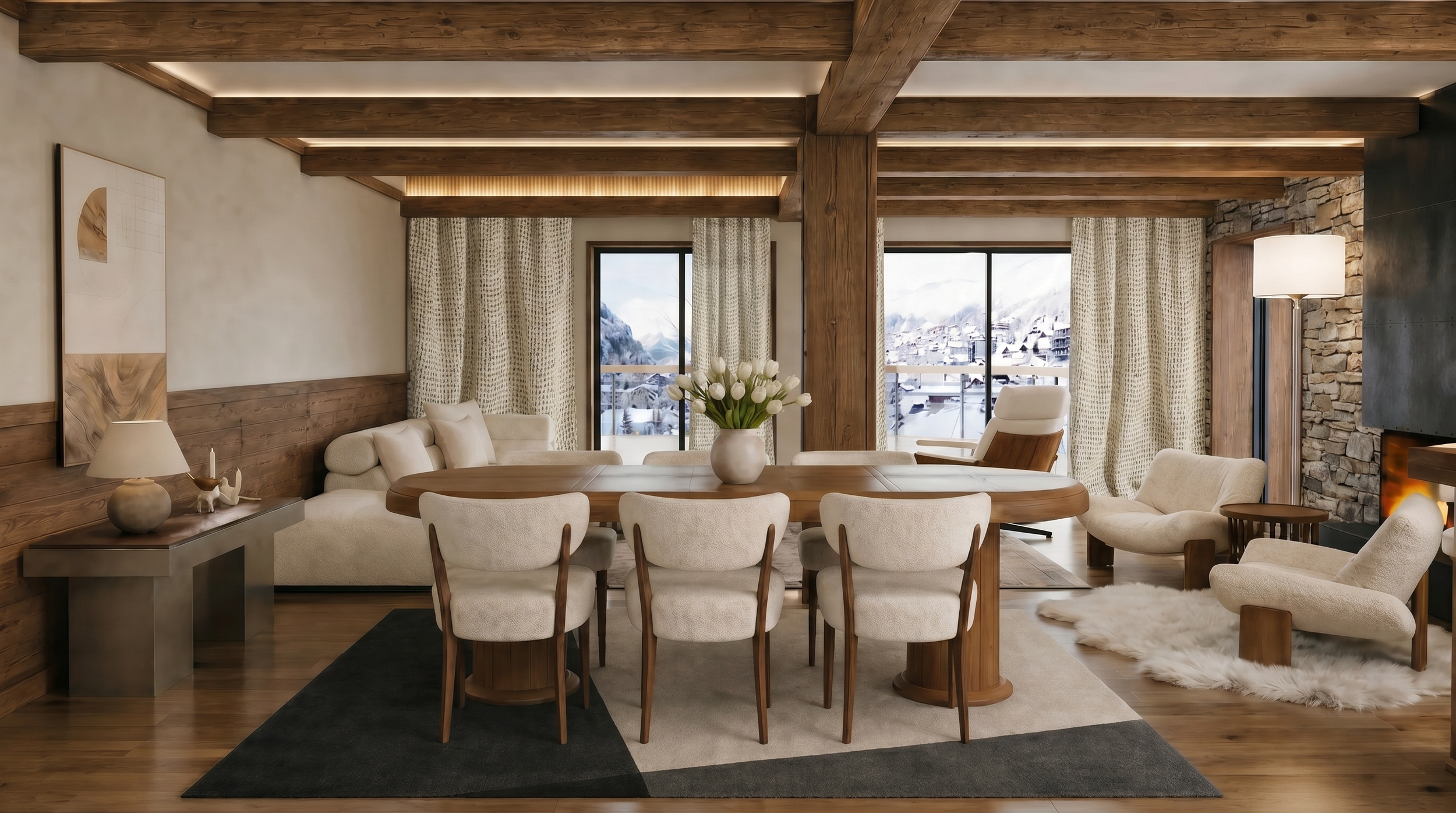 Panora Châtel appartement séjour avec cheminée et vue montagne