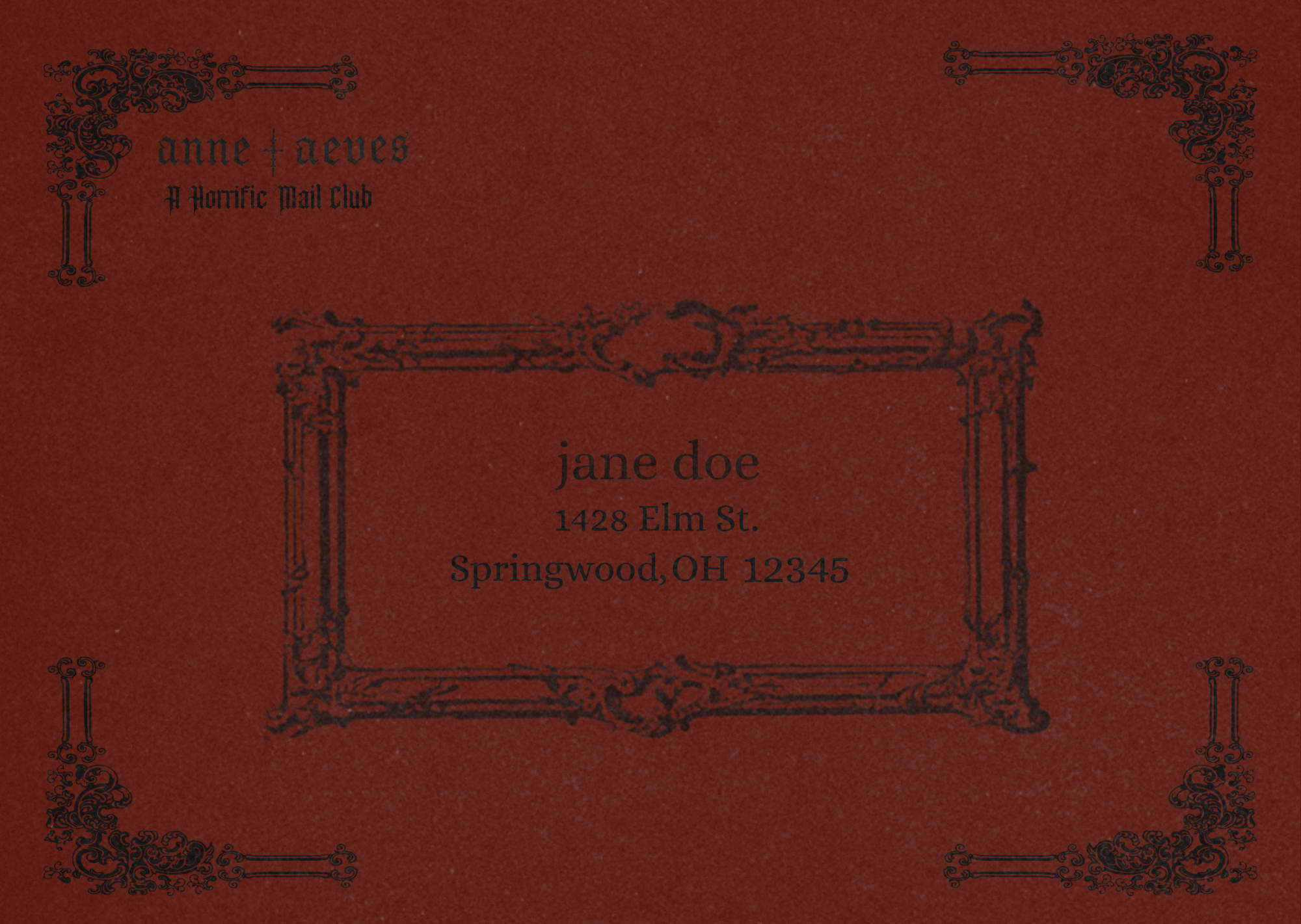 Red vintage-style invitation or card with black ornate border designs and text, including a name and address.