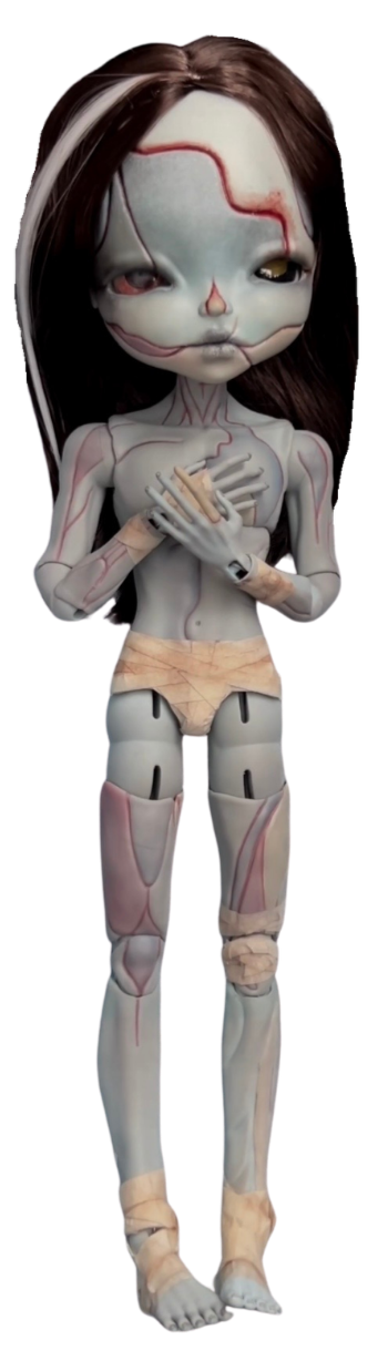 A humanoid doll with a cartoonish face, exposed anatomical details, and a partially injured right knee, standing against a black background.