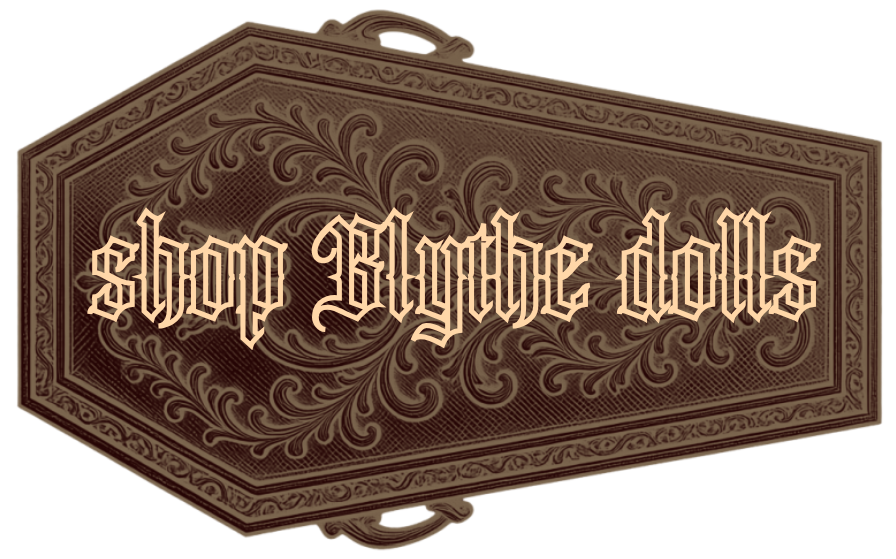 Decorative vintage-style sign reading 'Shop Blythe Dolls' in ornate cursive font.