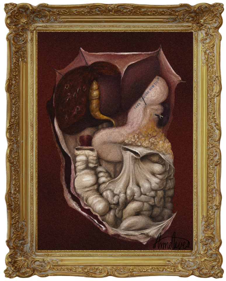 A painting of human internal organs including the liver, stomach, pancreas, intestines, and other digestive organs, set within a decorative gold frame.