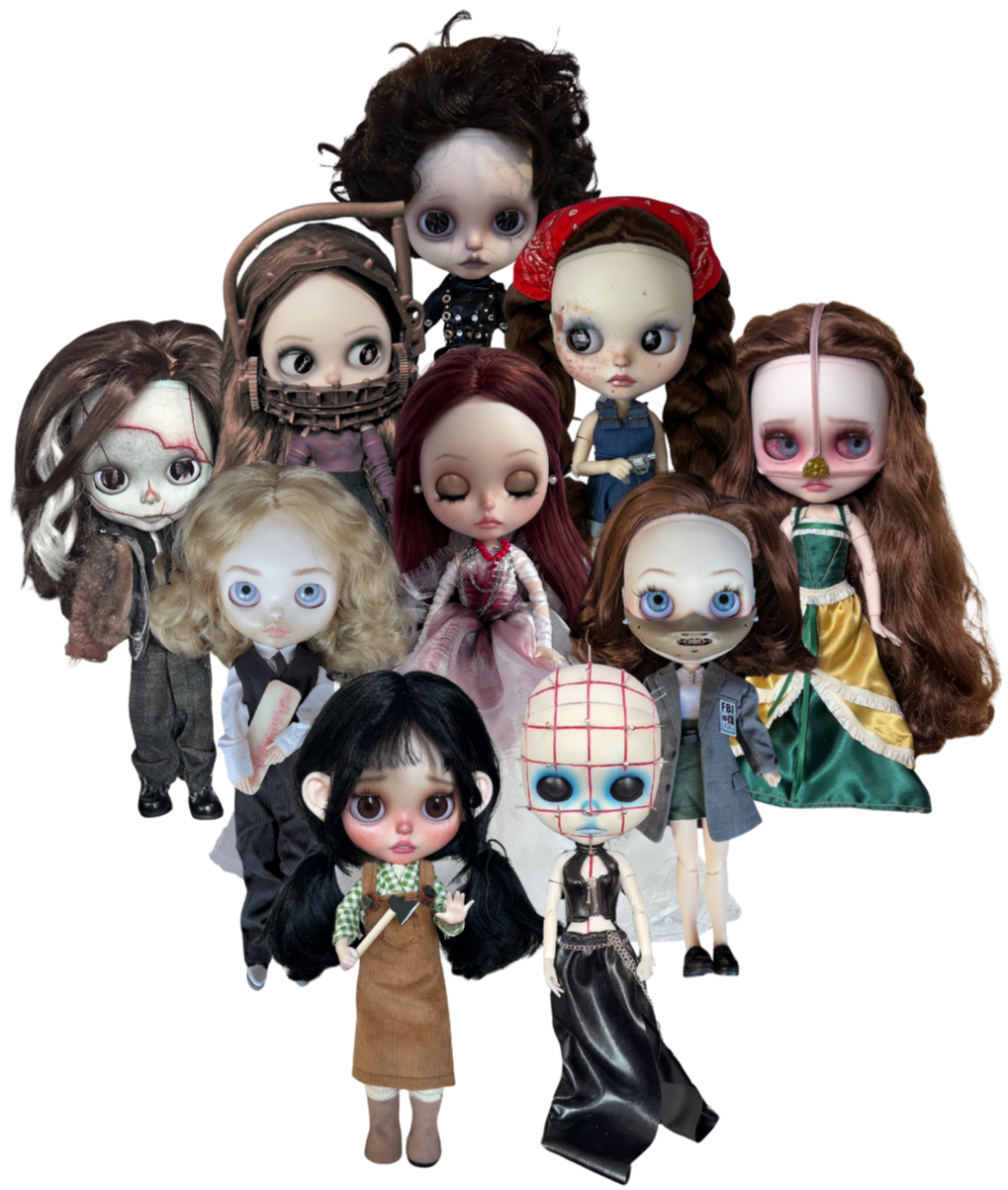 Collection of twelve creepy dolls with large eyes and detailed costumes, some with scars and stitched features, arranged together.