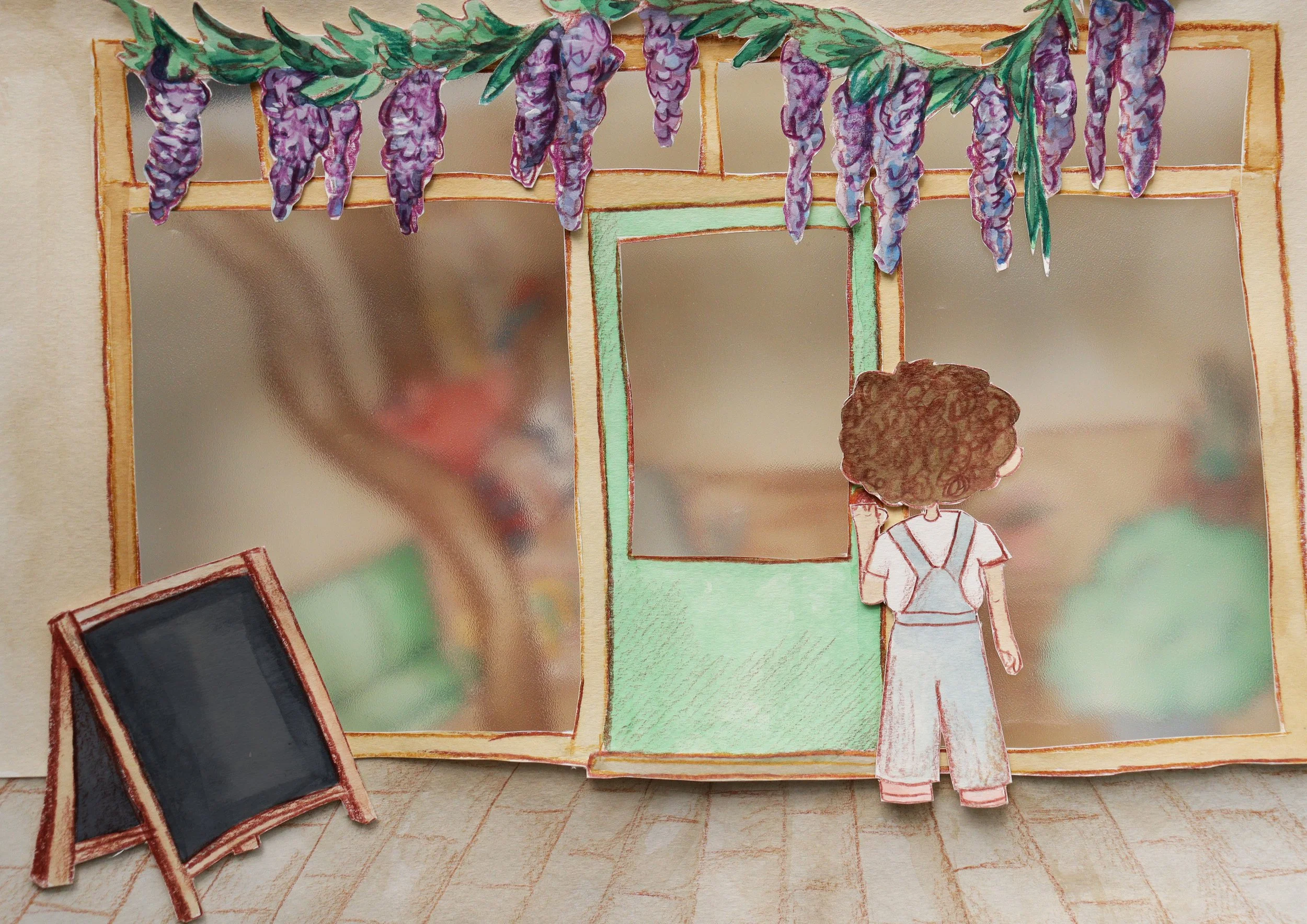 Geïllustreerde bladzijde uit verhalenbundel "Iedereen is uniek in Snuitjesburg"  (2025, zelf uitgegeven)