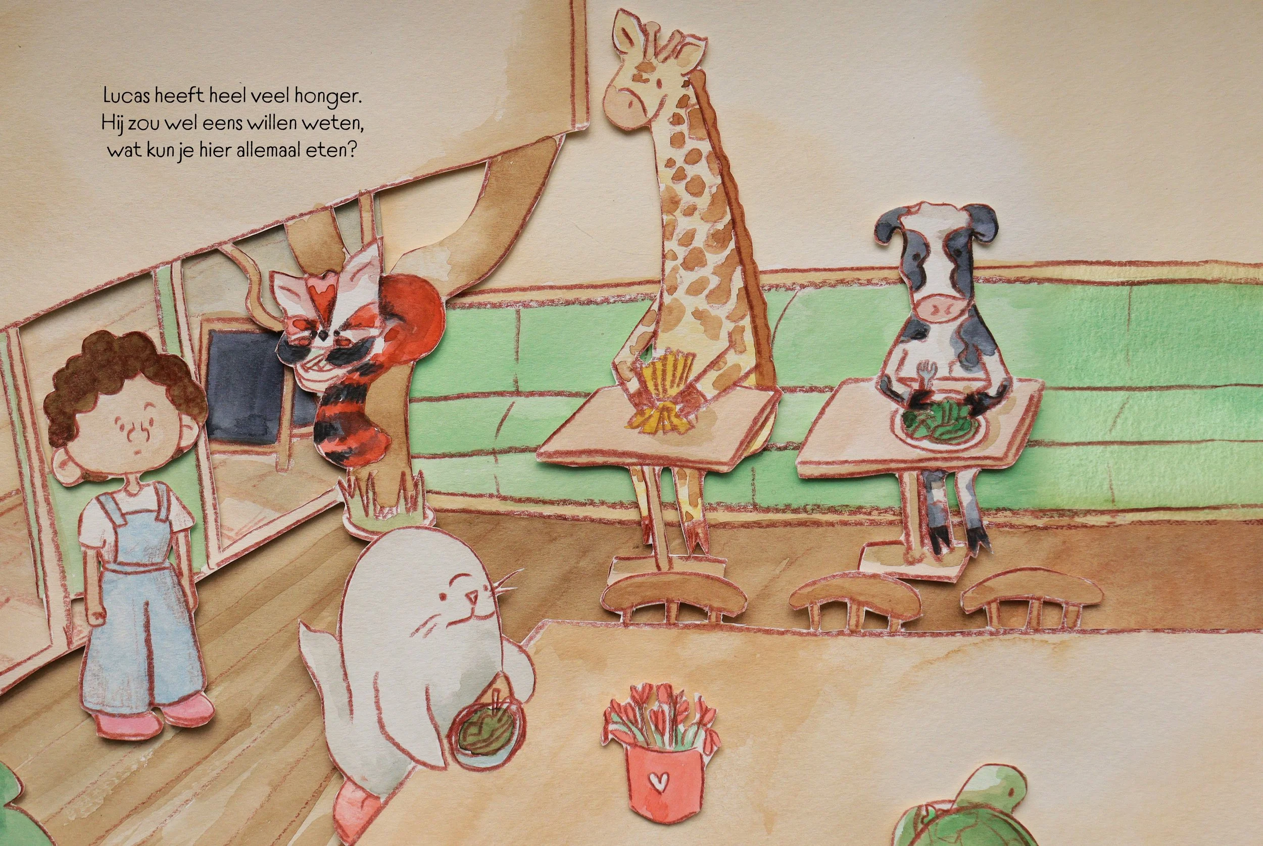 Geïllustreerde bladzijde uit verhalenbundel "Iedereen is uniek in Snuitjesburg"  (2025, zelf uitgegeven)