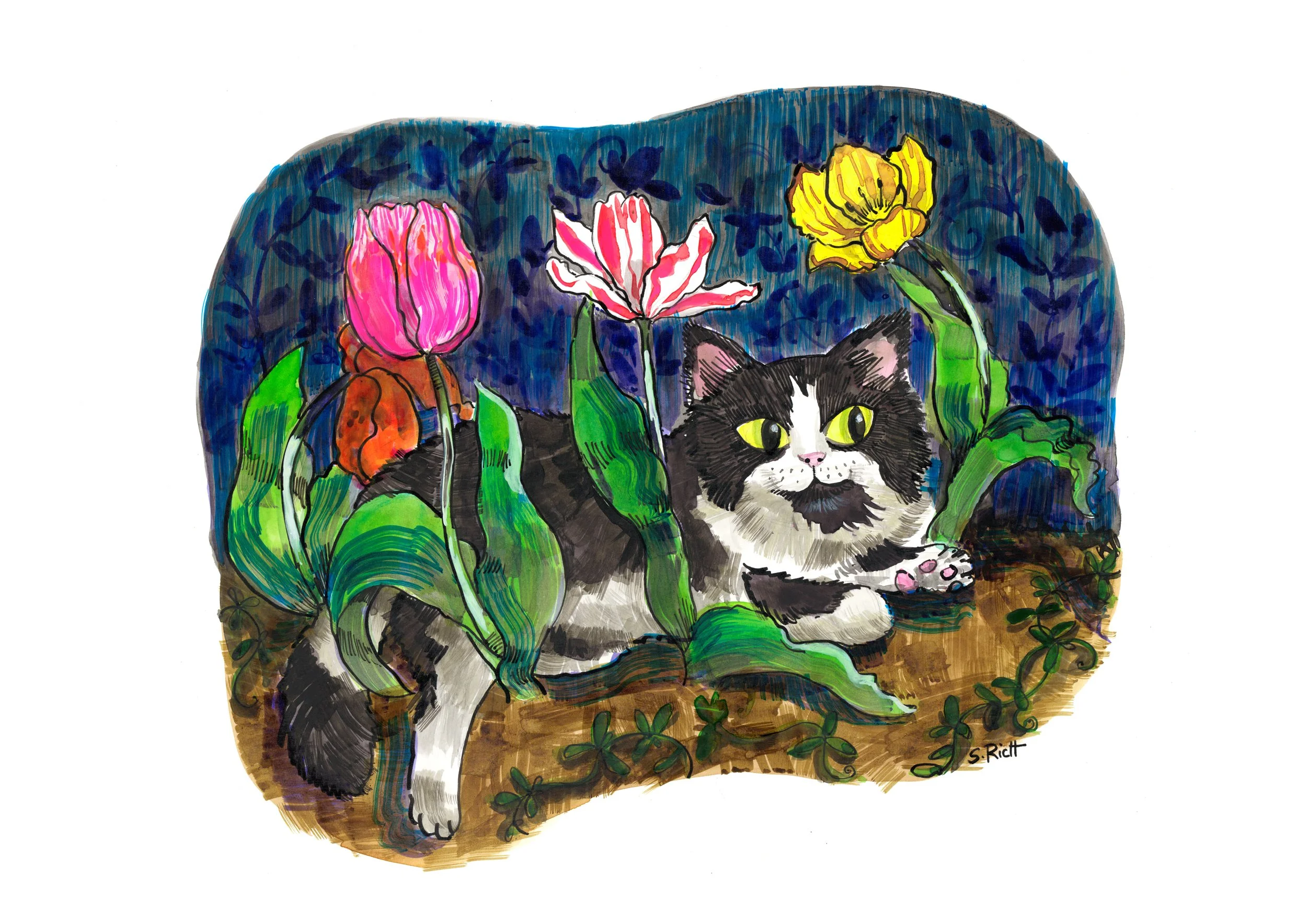 An artistic illustration of a black and white cat lying among colorful tulips in a garden under a dark blue sky.