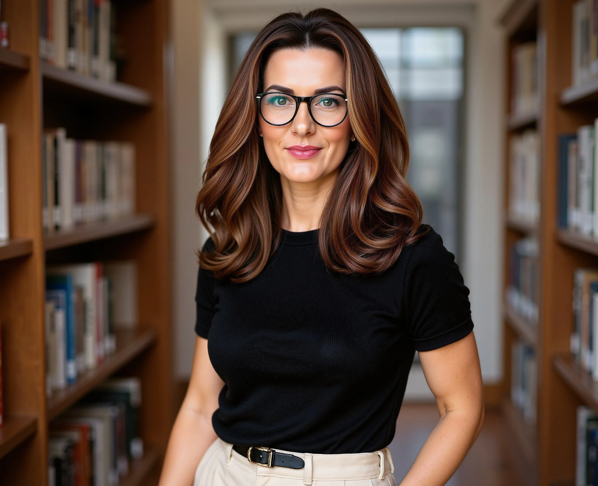 A woman with long brown hair wearing glasses and a black shirt, standing in a library aisle with bookshelves on either side.