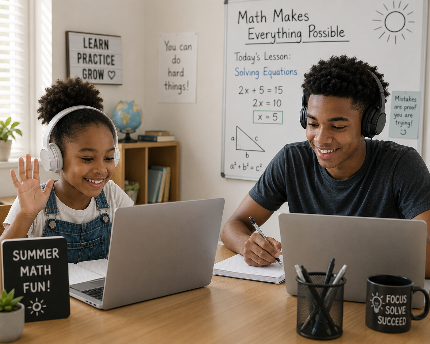 A young girl and a teenage boy wearing headphones are smiling and studying together at a desk with laptops, notebooks, and pens in a bright classroom. The classroom features motivational signs and a whiteboard with math lessons.