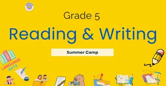 Yellow cover of a Grade 5 reading and writing workbook titled 'Summer Camp' with illustrations of children reading, writing, and engaging in activities.