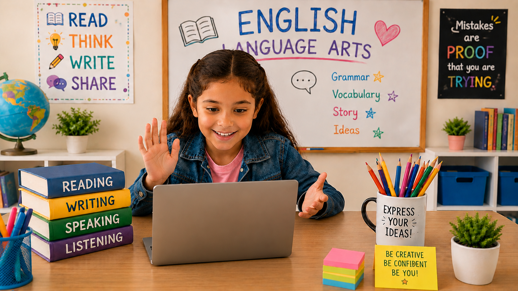 A young girl with long brown hair sits at a desk in a classroom, watching a laptop screen and waving. Behind her, a whiteboard displays 'English Language Arts' with words like grammar, vocabulary, story, and ideas. To her left, there are colorful stacks of books labeled reading, writing, speaking, and listening. On her right, a mug filled with colored pencils and a small potted plant are on the desk. The classroom has posters with motivational messages about reading, thinking, writing, and sharing, and shelves with books and plants.