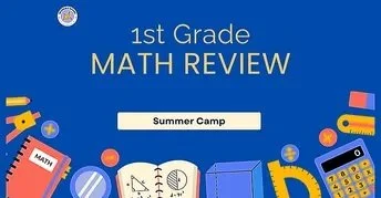 Cover page of 1st Grade Math Review for Summer Camp, featuring colorful educational icons like books, calculator, and pencils.