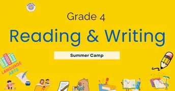 Book cover for Grade 4 Reading & Writing Summer Camp with colorful illustrations of children reading and writing.