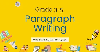 Colorful educational cover titled 'Grade 3-5 Paragraph Writing' with illustrations of students, books, and stationery on a yellow background.