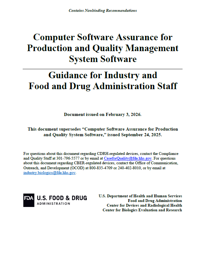 FDA Issues Updated Guidance on Computer Software Assurance for Production and QMS Software