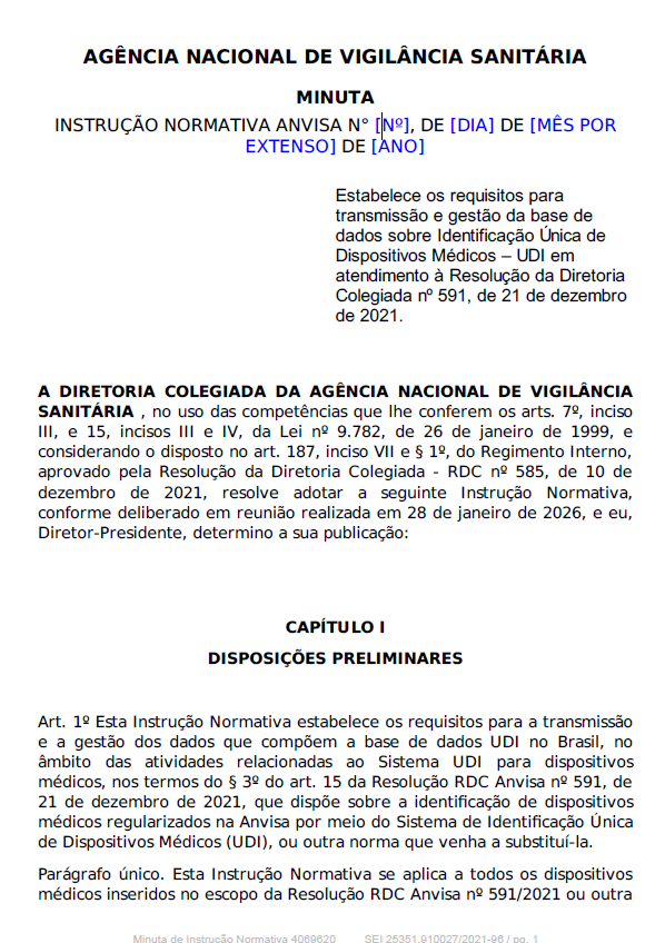 ANVISA Publishes Draft Normative Instruction on UDI Data Transmission and SIUD Management