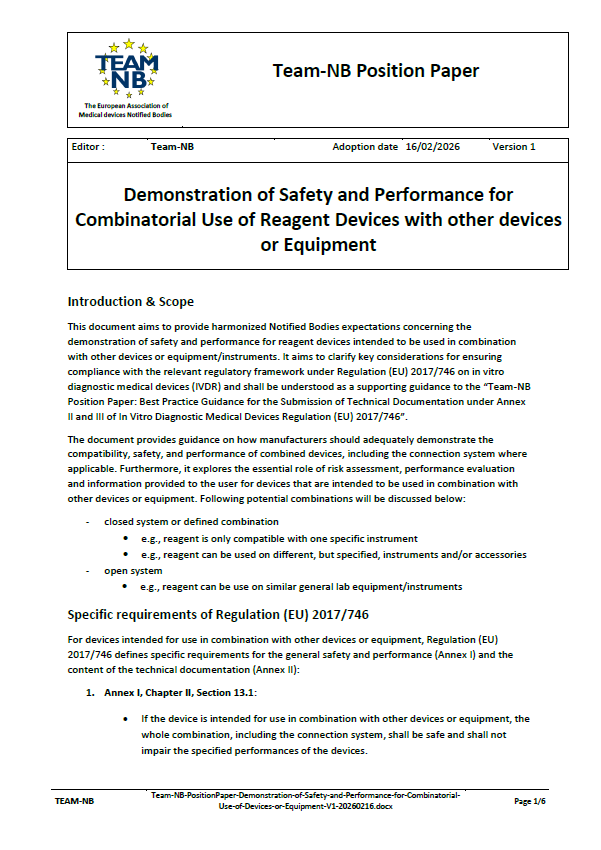 Team-NB Publishes New Position Paper on Safety and Performance of Reagent Devices Used in Combination