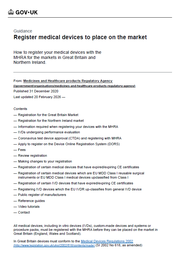 MHRA Updates Guidance on Registration of Medical Devices for the UK Market