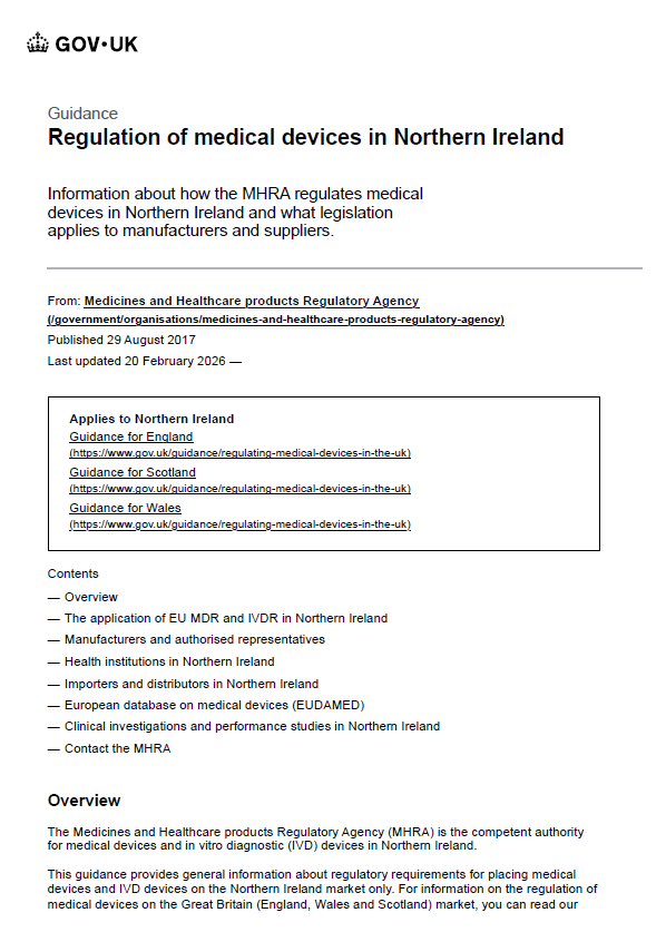 MHRA Updates Guidance on Regulation of Medical Devices in Northern Ireland