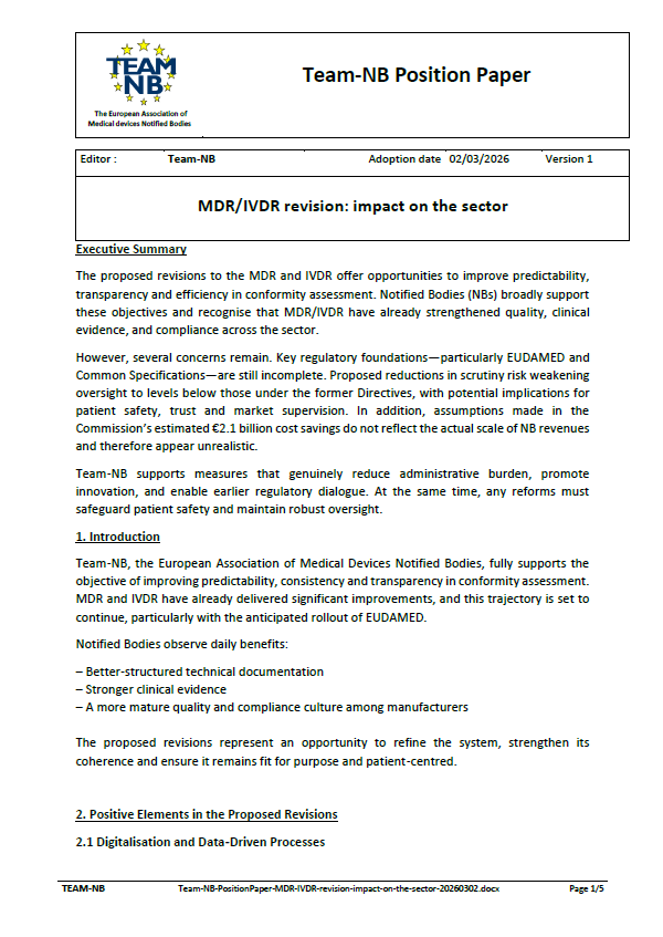 Team-NB Raises Concerns Over Proposed MDR and IVDR Revision