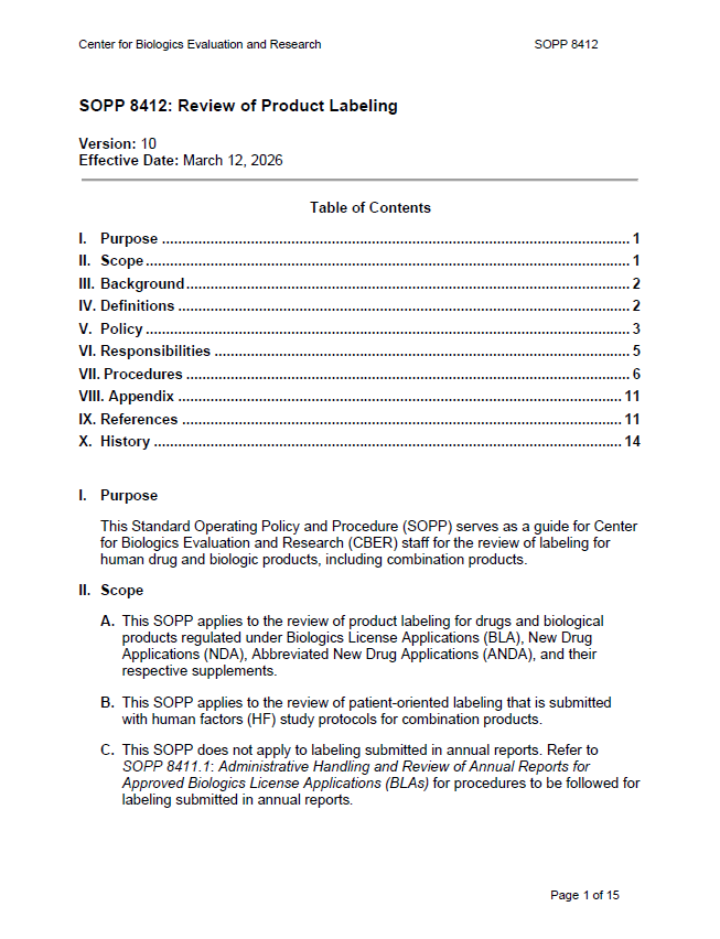 FDA updates SOPP 8412 on product labeling review